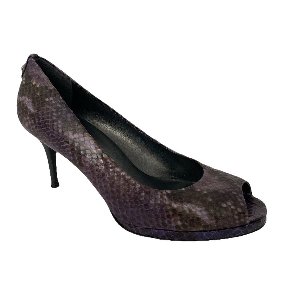 Stuart Weitzman Logo Plainfield Pump Purple Snake Embossed Leather Peep 7.5